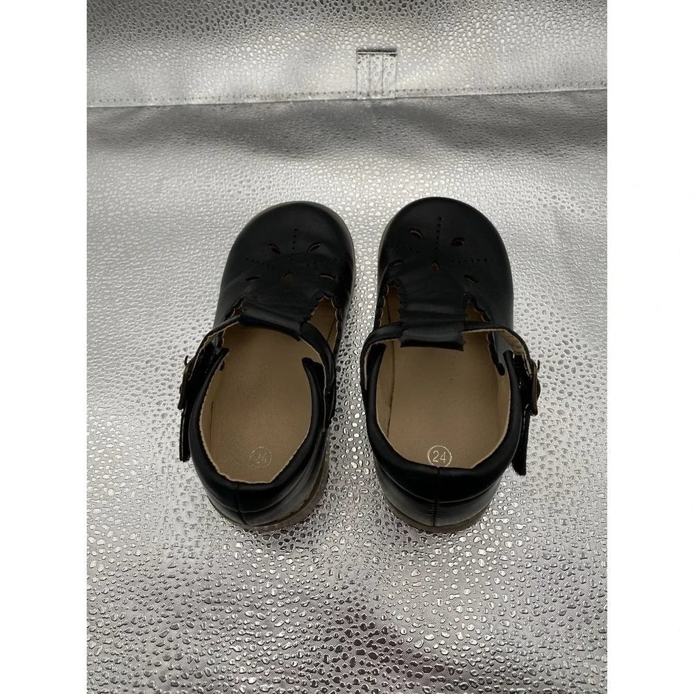 Girls Black Scalloped Cut-Out Buckle Mary Jane Flats Adjustable Strap Size 24